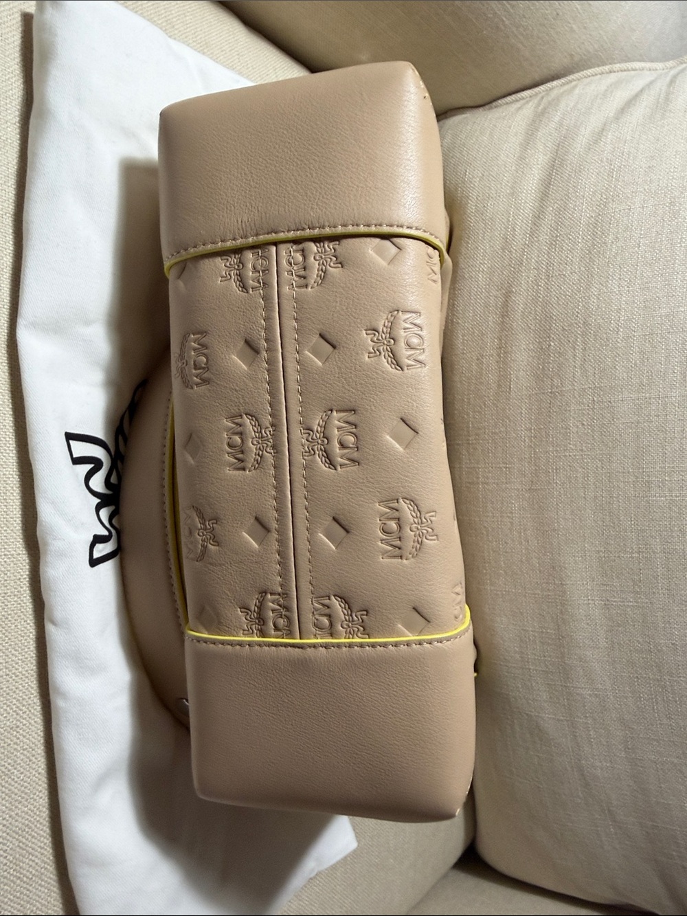 MCM Taupe Leather Shoulder Bag with Yellow Trim - Picture 8 of 10